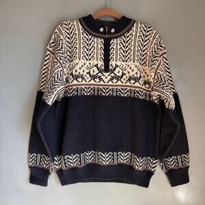Vintage CHRISTIANIA Large Norwegian Sweater Quarter Zip Blue Wool Scandinavian